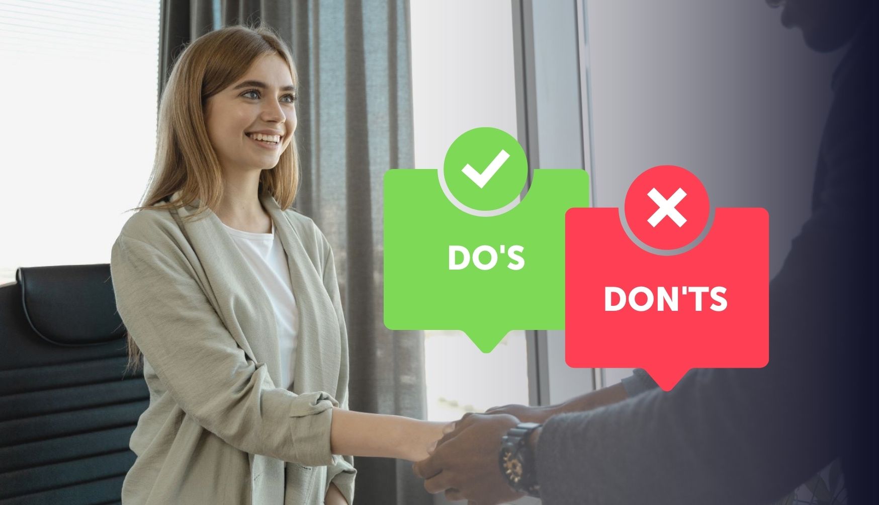 Dos and Don'ts in job interviews, girl smiling, shaking hands