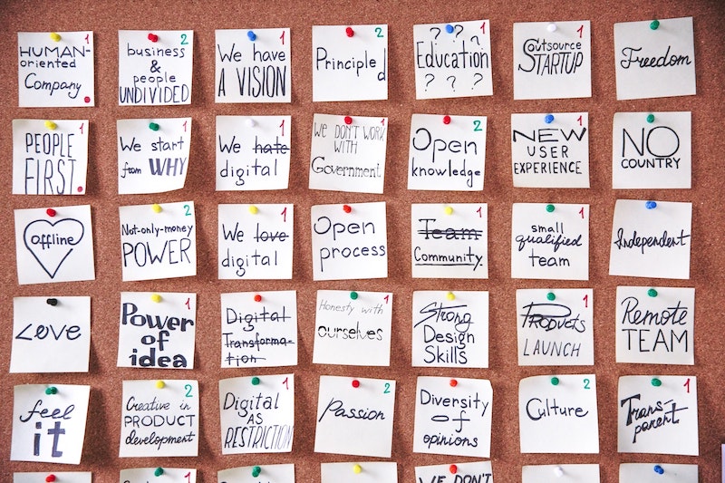 Corporate culture values on a pinboard